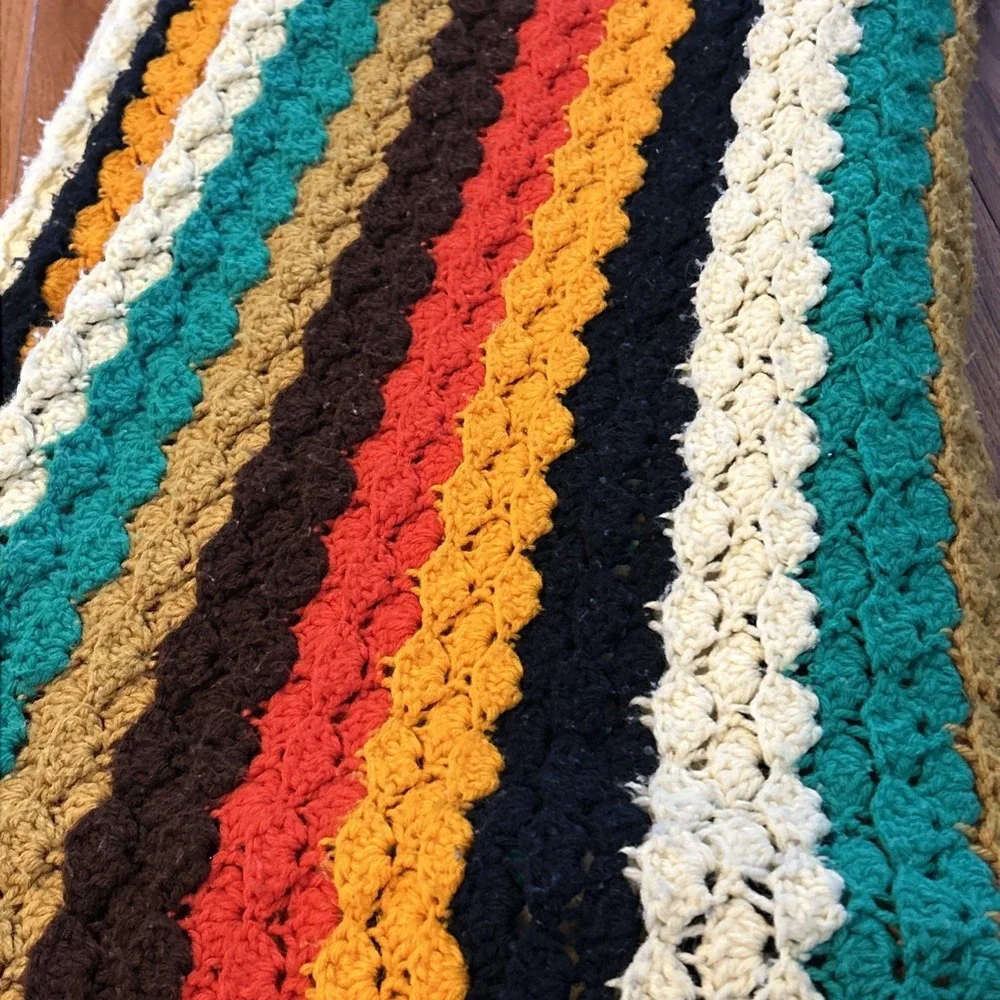 Vintage Hand Made‎ Crochet Afghan Colorful Striped Throw 70-80's Granny 82